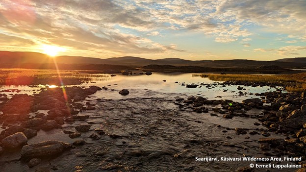 Auringon nousun kultaama maisema. Etualalla kivikkoa ja matalaa vesistöä. 